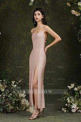 Spaghetti Straps Sleeveless Mermaid Front-Split Satin Prom Dresses