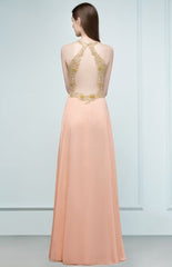 Spaghetti V-neck A-line Floor Length Appliqued Chiffon Bridesmaid Dresses