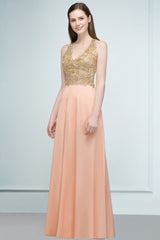 Spaghetti V-neck A-line Floor Length Appliqued Chiffon Bridesmaid Dresses