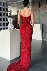 Sparkle Sexy Sleeveless Red Crystal Mermaid Split Prom Dresses
