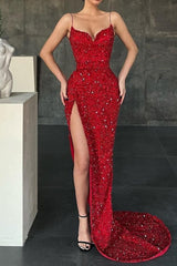 Sparkle Sexy Sleeveless Red Crystal Mermaid Split Prom Dresses