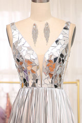 Sparkly A Line Deep V Neck Silver Long Prom Dress with Beading