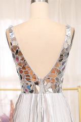 Sparkly A Line Deep V Neck Silver Long Prom Dress with Beading
