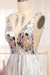 Sparkly A Line Deep V Neck Silver Long Prom Dress with Beading