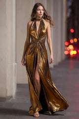 Sparkly Black Gold Halter Sheath Long Metallic Formal Dress with Slit