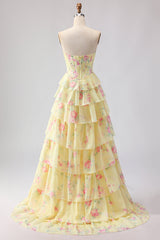 Sparkly Blue Floral Corset Ruffled Long Prom Dress with Slit