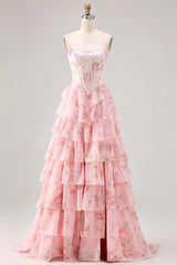Sparkly Blue Floral Corset Ruffled Long Prom Dress with Slit