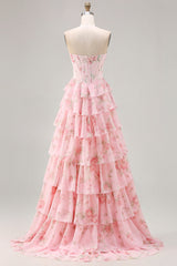 Sparkly Blue Floral Corset Ruffled Long Prom Dress with Slit