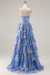 Sparkly Blue Floral Corset Ruffled Long Prom Dress with Slit