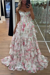 Sparkly Blue Floral Corset Ruffled Long Prom Dress with Slit