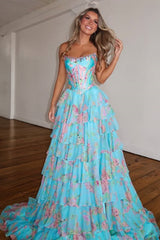 Sparkly Blue Floral Corset Ruffled Long Prom Dress with Slit