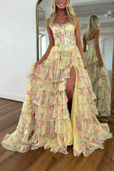Sparkly Blue Floral Corset Ruffled Long Prom Dress with Slit