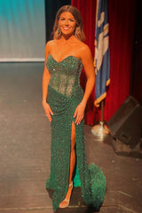 Sparkly Blue Sweetheart Sequins Bodycon Long Corset Prom Dress with Beading