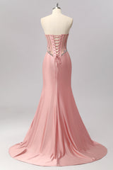 Sparkly Blush Strapless Mermaid Long Corset Prom Dress with Slit