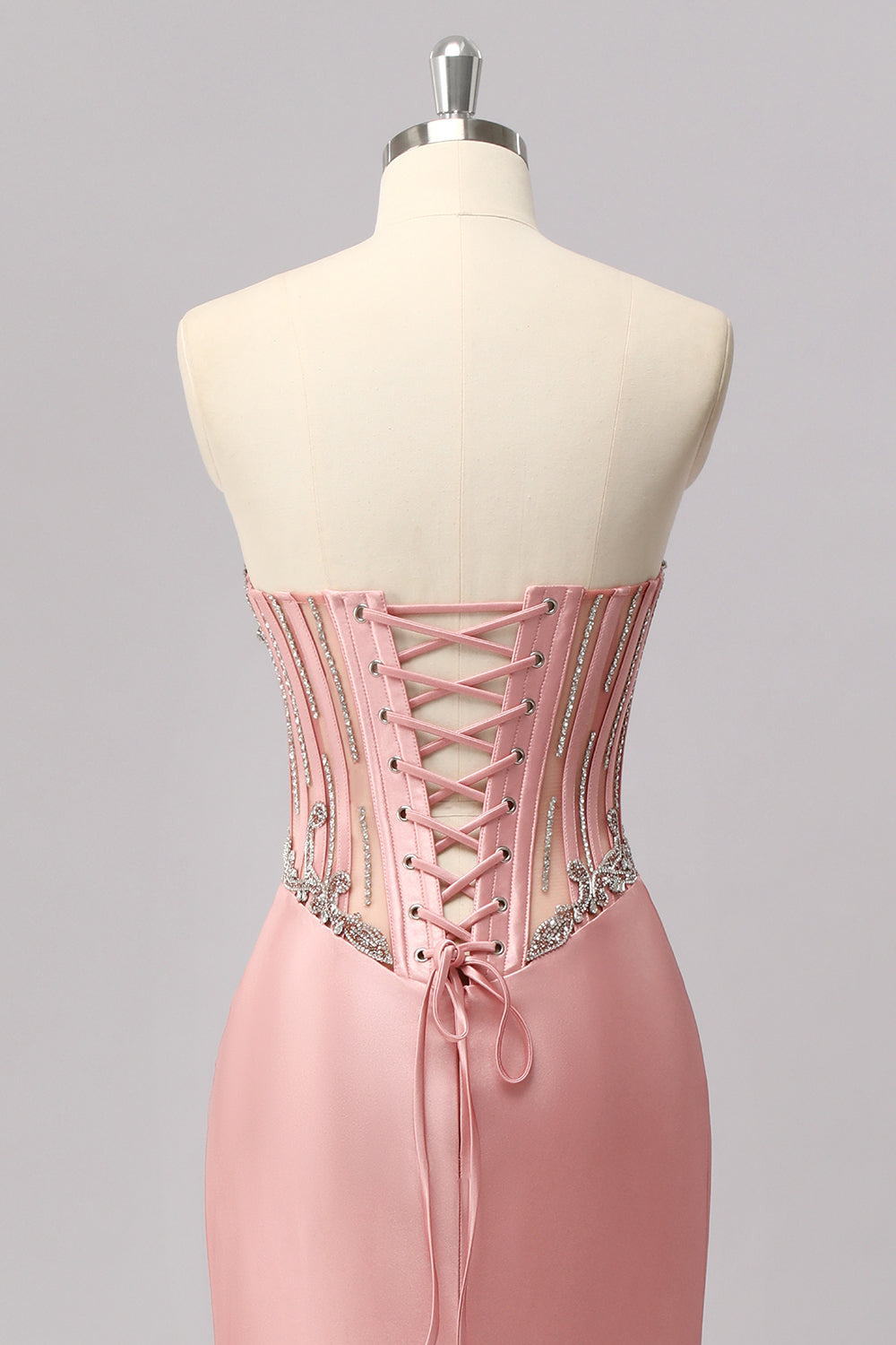 Sparkly Blush Strapless Mermaid Long Corset Prom Dress with Slit
