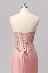 Sparkly Blush Strapless Mermaid Long Corset Prom Dress with Slit
