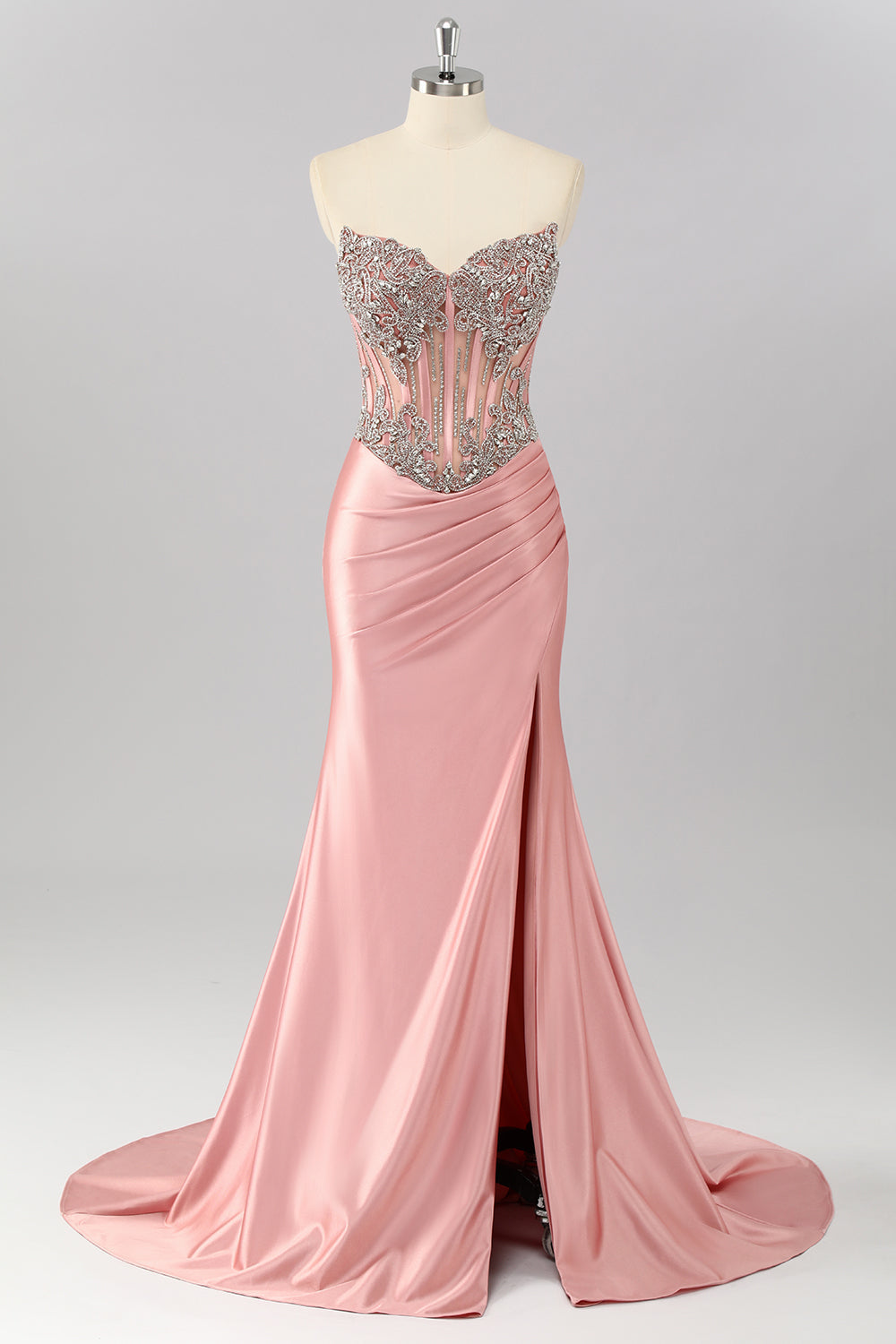 Sparkly Blush Strapless Mermaid Long Corset Prom Dress with Slit