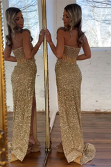 Sparkly Champagne Strapless Sequins Bodycon Long Corset Prom Dress with Beading