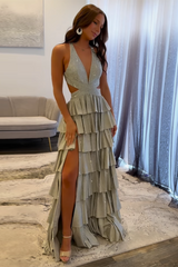 Sparkly Emerald Green Corset A Line Tiered Beaded Prom Dress with Slit