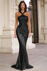 Sparkly Gold Mermaid Halter Ruched Long Prom Dress with Sequins