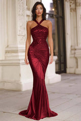 Sparkly Gold Mermaid Halter Ruched Long Prom Dress with Sequins