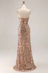 Sparkly Gold Mermaid Sequins Sweetheart Long Corset Prom Dress with Slit
