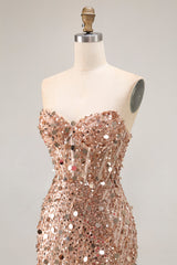Sparkly Gold Mermaid Sequins Sweetheart Long Corset Prom Dress with Slit