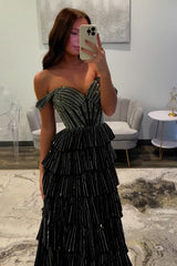 Sparkly Gold Off the Shoulder A-Line Tiered Long Corset Prom Dress with Beading