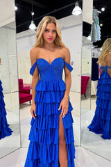 Sparkly Gold Off the Shoulder A-Line Tiered Long Corset Prom Dress with Beading