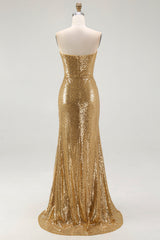 Sparkly Gold Sequins Mermaid Strapless Long Formal Dress with Slit