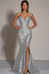 Sparkly Gold Sequins Mermaid Strapless Long Formal Dress with Slit