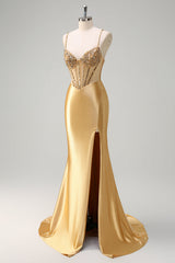 Sparkly Gold Spaghetti Straps Satin Mermaid Long Corset Prom Dress with Sequins
