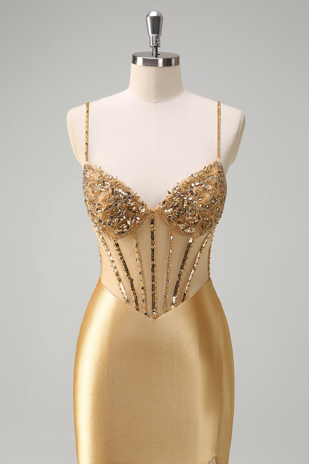 Sparkly Gold Spaghetti Straps Satin Mermaid Long Corset Prom Dress with Sequins