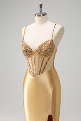 Sparkly Gold Spaghetti Straps Satin Mermaid Long Corset Prom Dress with Sequins