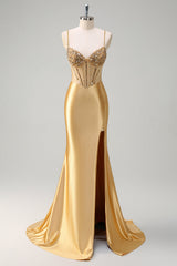 Sparkly Gold Spaghetti Straps Satin Mermaid Long Corset Prom Dress with Sequins