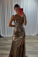 Sparkly Gold Sweetheart Metallic Ruched Mermaid Long Prom Dress with Slit