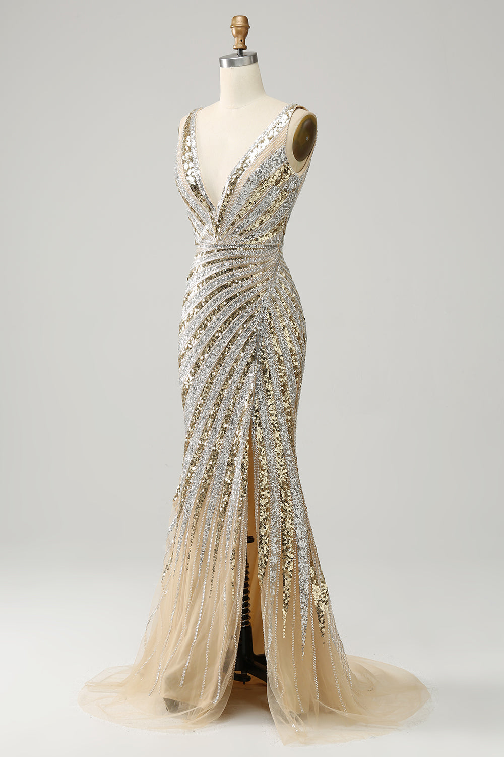 Sparkly Golden Mermaid Deep V-Neck Long Prom Dress with Silt