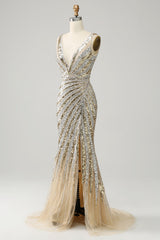 Sparkly Golden Mermaid Deep V-Neck Long Prom Dress with Silt
