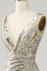 Sparkly Golden Mermaid Deep V-Neck Long Prom Dress with Silt