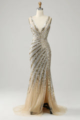 Sparkly Golden Mermaid Deep V-Neck Sequins Long Prom Dress