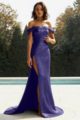 Sparkly Golden Mermaid One Shoulder Pleated Long Prom Dress with Slit