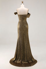 Sparkly Golden Mermaid One Shoulder Pleated Long Prom Dress with Slit
