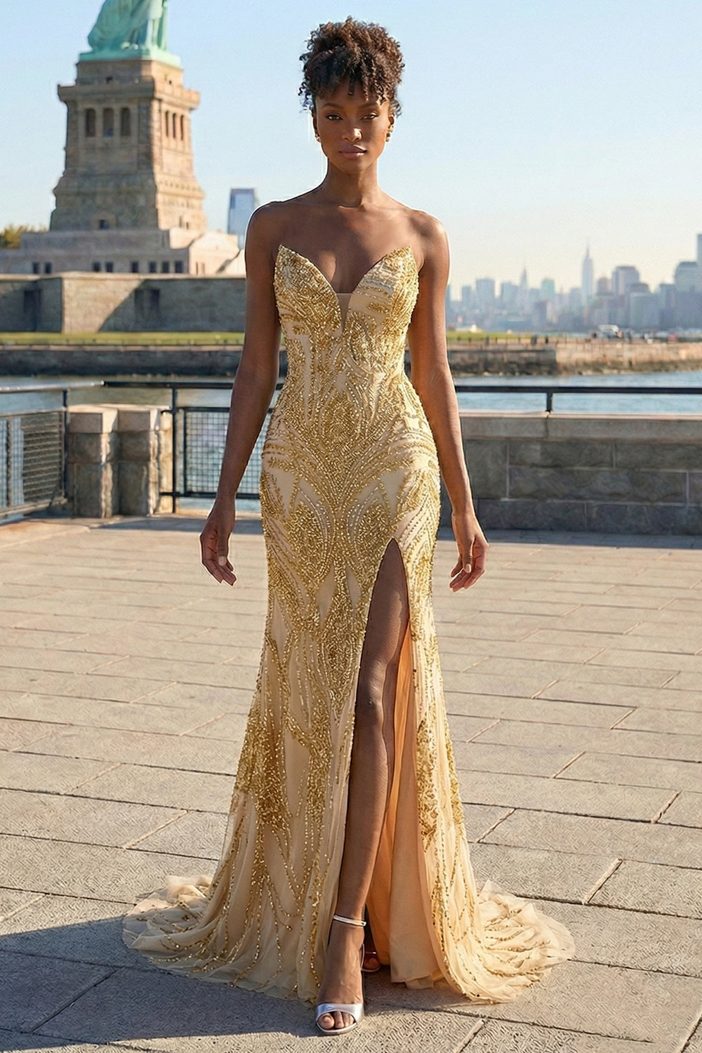 Sparkly Golden Mermaid Strapless Long Beaded Prom Dress with Slit