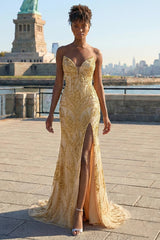 Sparkly Golden Mermaid Strapless Long Beaded Prom Dress with Slit