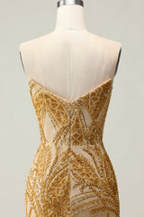 Sparkly Golden Mermaid Strapless Long Beaded Prom Dress with Slit