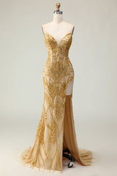 Sparkly Golden Mermaid Strapless Long Beaded Prom Dress with Slit