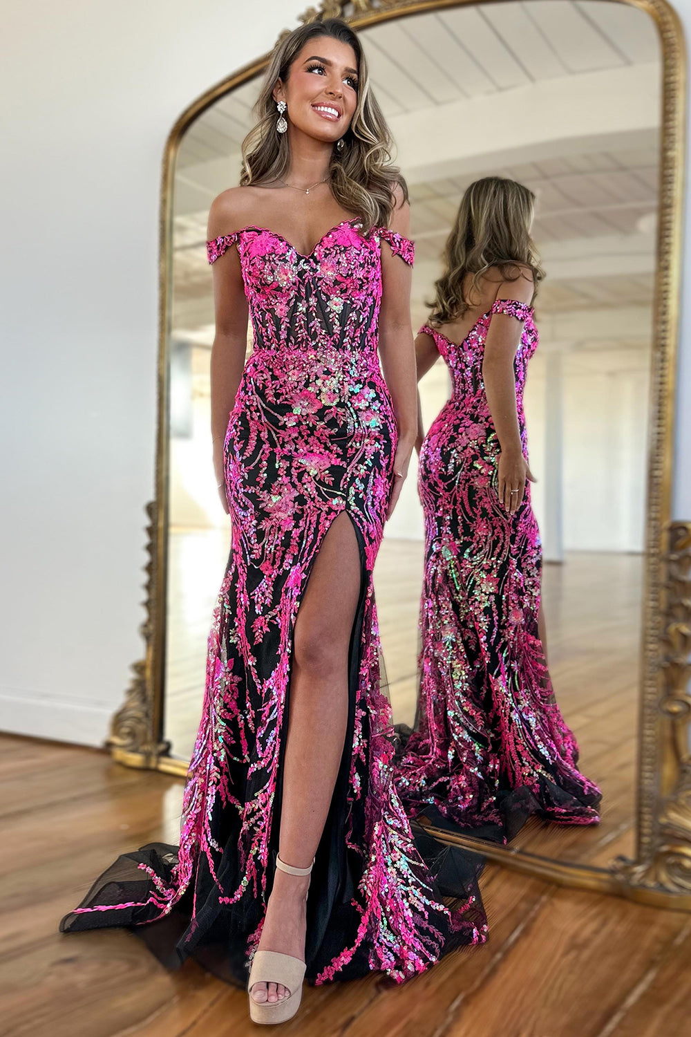 Sparkly Golden Off the Shoulder Mermaid Sequins Long Prom Dress with Slit