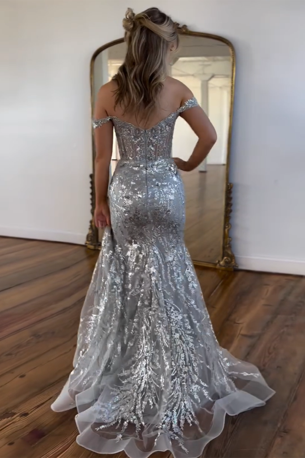 Sparkly Golden Off the Shoulder Mermaid Sequins Long Prom Dress with Slit