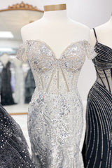 Sparkly Golden Off the Shoulder Mermaid Sequins Long Prom Dress with Slit