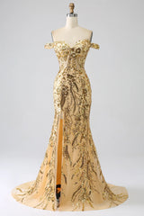 Sparkly Golden Off the Shoulder Mermaid Sequins Long Prom Dress with Slit
